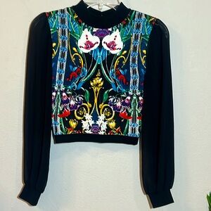 Bebe Floral Print Sheer Sleeves Blouse Sweater Small